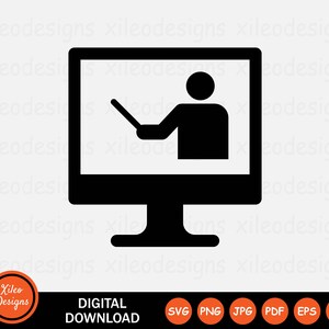 May include: Black and white icon of a computer monitor with a person inside, pointing with a stick figure hand. The person is giving a presentation or teaching a class.