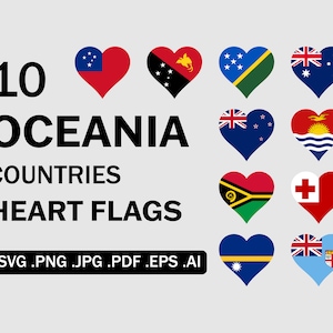 May include: 10 Oceania countries heart flags in red, blue, green, yellow, and white. The flags are in the shape of hearts. The text below the flags reads: 10 Oceania Countries Heart Flags .SVG .PNG .JPG .PDF .EPS .AI