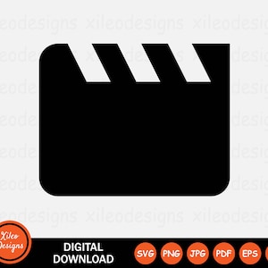 May include: Black and white silhouette of a film clapboard. The clapboard has a rounded top and bottom and a rectangular shape. The top of the clapboard has four horizontal lines.