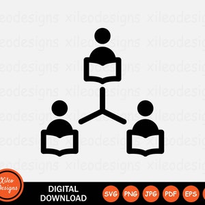 May include: Black and white illustration of three people sitting at desks with books open in front of them. The people are facing forward and have simple, rounded features. The illustration is a simple representation of a classroom or learning environment.