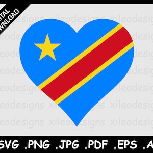 May include: A blue heart-shaped graphic with a yellow star and diagonal red and yellow stripes. The graphic represents the flag of the Democratic Republic of the Congo.