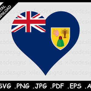 May include: Digital download graphic featuring the flag of the Turks and Caicos Islands in a heart shape. The design includes the Union Jack in the upper left and the islands' coat of arms. Text at the top reads "DIGITAL DOWNLOAD". File formats include SVG, PNG, JPG, PDF, EPS, and AI.