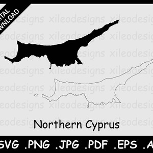 Puede incluir: Mapa de contorno en blanco y negro de Chipre del Norte. El mapa muestra la forma y la costa de la isla. El texto "Chipre del Norte" está escrito debajo del mapa.
