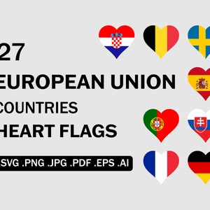 Países de la Unión Europea Banderas nacionales del corazón SVG Bundle, País de la UE Nación Love Shape Flag Cricut Cut File Vector Icon, png jpg pdf eps ai