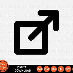 Può includere: Icona in bianco e nero di una freccia rivolta verso l'esterno in un quadrato. La freccia punta verso l'alto e verso destra.