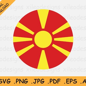 May include: A circular graphic of the flag of North Macedonia. The flag is red with a yellow sun in the center and eight yellow rays extending from the sun to the edge of the circle.