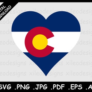 May include: A heart-shaped graphic featuring the colours of the Colorado state flag. The heart is blue, white and red with a gold circle in the centre.