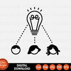 Puede incluir: Ilustración en blanco y negro de una bombilla con tres cabezas de personas debajo, conectadas por líneas punteadas. La bombilla representa una idea, y las personas representan a las personas que trabajan juntas para dar vida a la idea.