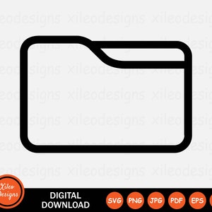 May include: Black and white line art icon of a folder. The folder is closed and has a flap on the top. The icon is a digital download.