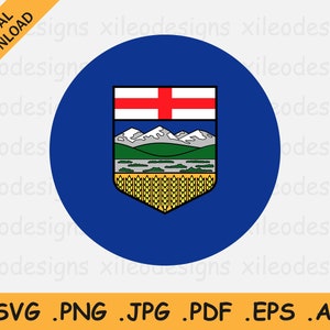 May include: A digital download graphic featuring the Alberta provincial flag set within a blue circle. The flag includes a white and red cross, mountains, green fields, and wheat. The image includes file type options: .SVG, .PNG, .JPG, .PDF, .EPS, and .AI.