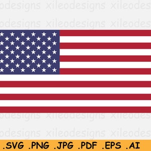 May include: A vector graphic of the American flag. The flag features a blue canton with 50 white stars and 13 alternating red and white stripes. The image includes file type extensions: .SVG, .PNG, .JPG, .PDF, .EPS, and .AI.