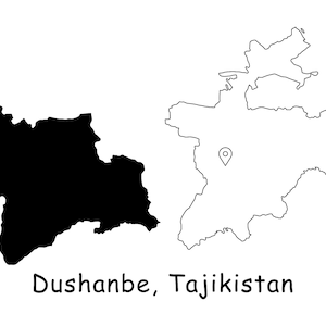 Dushanbe Tadschikistan Karte Hauptstadt Landort Pin Schwarz Weiß Silhouette Umriss Geografie Region Bereich Platzkarten jpg svg png ai eps