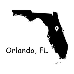 May include: Black and white map of the state of Florida with a white pin marking the location of Orlando, FL. The text "Orlando, FL" is written below the map.