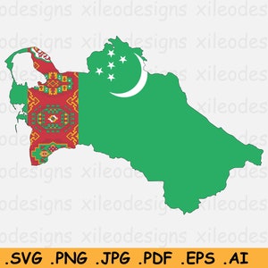 Turkmenistan Vlag Kaart SVG- Turkmenistani Cricut Cut File, Land Natie Silhouet Atlas, Scrapbook Clipart Vector Icon- eps ai png jpg pdf