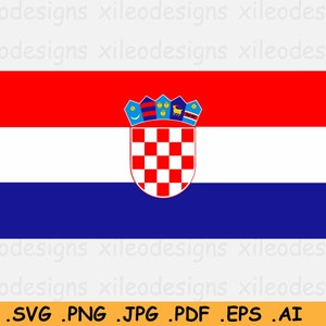 May include: The flag of Croatia, a red, white and blue horizontal tricolour flag with a chequered shield in the centre. The shield is surrounded by a crown with five points.