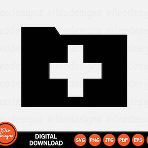 May include: Black folder icon with a white plus sign in the center. The icon is a digital download for crafting and design projects.