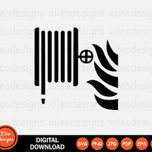 Puede incluir: Silueta en blanco y negro de una manguera de incendios con una boquilla y una llama. La manguera está enrollada y tiene un mango. La llama está estilizada y tiene una punta puntiaguda.