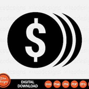 Könnte beinhalten: Schwarzweißgrafik eines Dollarzeichens in einem Kreis mit drei konzentrischen Kreisen darum herum. Die Grafik steht zum digitalen Download in den Formaten SVG, PNG, JPG, PDF, EPS und AI zur Verfügung.