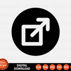 May include: A white icon of an outward-facing arrow in a square, on a black circle background. The arrow points upward and to the right.