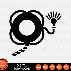Puede incluir: Silueta en blanco y negro de un salvavidas con una cuerda atada a una bombilla. La imagen es una descarga digital e incluye los formatos de archivo SVG, PNG, JPG, PDF, EPS y AI.