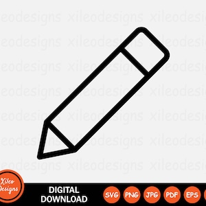 May include: Black and white line art illustration of a pencil with a sharp point and an eraser on the top.