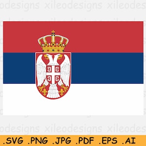 May include: The flag of Serbia, featuring horizontal stripes of red, blue, and white. The Serbian coat of arms, with a double-headed eagle and a crown, is on the left side of the flag.