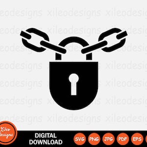 May include: Black and white padlock with two chains attached to the top. The padlock has a keyhole in the center. The image is a digital download available in SVG, PNG, JPG, PDF, EPS, and AI formats.