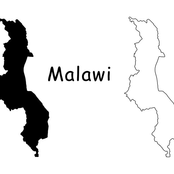 Map of Malawi, Malawi Map, Black and White Detailed Solid Outline Boundary Country Map of Malawi, Instant Digital Download svg png eps ai