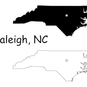 Raleigh Caroline du Nord NC Capitale Emplacement sur une carte d’État USA Silhouette vectorielle Contour Icône numérique imprimable jpg svg png pdf eps ai