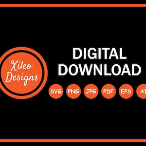 K&ouml;nnte beinhalten: Digitale Download-Grafikdesign-Dateien in den Formaten SVG, PNG, JPG, PDF, EPS und AI. Der Text "Xileo Designs" befindet sich in einem Kreis mit orangefarbenem Hintergrund und schwarzem Umriss.