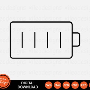 Puede incluir: Un dibujo en blanco y negro de un icono de batería con cuatro barras que indican una carga completa.