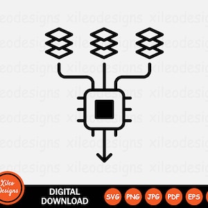 May include: Black and white line art illustration of a computer chip with three layers of data stacked on top. The data is connected to the chip and an arrow points down from the chip.