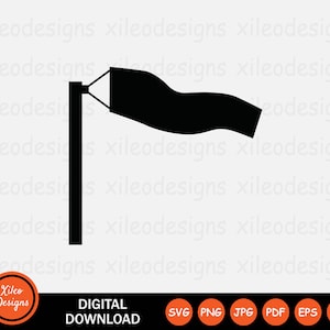 May include: Black and white silhouette of a windsock blowing in the wind. The windsock is attached to a pole.