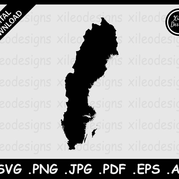 Sweden Map SVG, Swedish Swede National Country Boundary Border, Black Silhouette Cricut Cut File Vector Icon Cutout, png jpg jpeg pdf eps ai