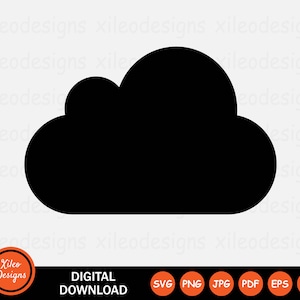 May include: A black silhouette of a cloud shape. This digital download is available in SVG, PNG, JPG, PDF, EPS, and AI formats.