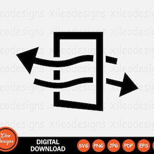 May include: Black and white icon of a window with three wavy lines coming out of it on the left and right sides, representing air flow. The icon is a symbol for ventilation.