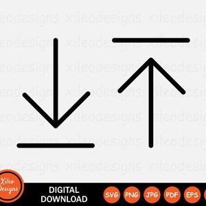 May include: Black and white graphic design of an arrow pointing up and an arrow pointing down. The arrows are thick and bold. The text "DIGITAL DOWNLOAD" is below the arrows. Below the text are six icons representing file formats: SVG, PNG, JPG, PDF, EPS, and AI.