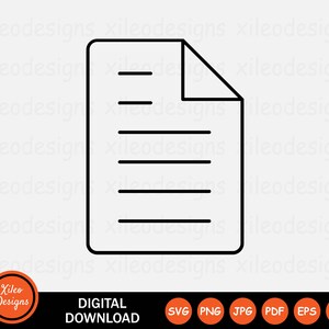 May include: Black and white line art illustration of a document with a folded corner. The document has five lines of text.
