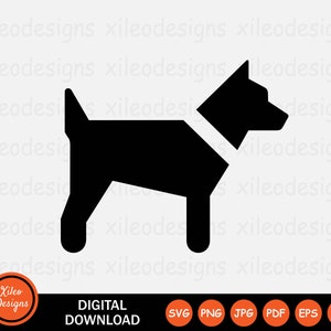 May include: Black silhouette of a dog with a collar, digital download available in SVG, PNG, JPG, PDF, EPS, and AI formats.