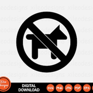 May include: Black and white no dogs allowed sign with a silhouette of a dog inside a circle with a diagonal line through it.