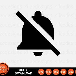 Puede incluir: Un icono en blanco y negro de una campana con una línea diagonal que la atraviesa, lo que indica una notificación silenciada o silenciosa. El icono es una descarga digital y está disponible en varios formatos de archivo, incluidos SVG, PNG, JPG, PDF, EPS y AI.
