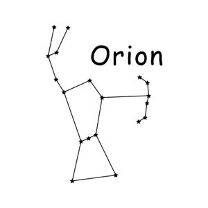 May include: A black and white line drawing of the constellation Orion. The constellation is labeled "Orion".