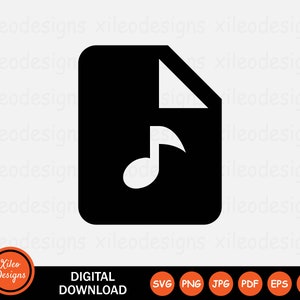 May include: Black and white icon of a music note inside a file folder. The icon is a digital download for use in crafting projects.