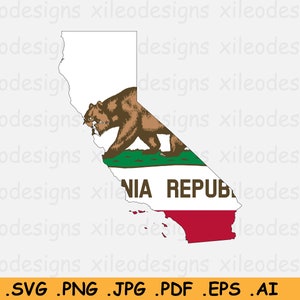 May include: A graphic design of the state of California with the state flag superimposed on the outline. The flag features a grizzly bear, a green field, and the words "California Republic".