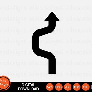 May include: Black and white illustration of a winding road with an arrow pointing upwards. The road is a thick black line with a series of curves and turns. The arrow is at the top of the road and points directly upwards.