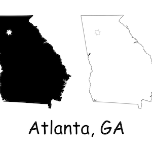 以下が含まれることがあります： ジョージア州の白黒のアウトラインマップで、アトランタ、ジョージア州の場所を示す星があります。マップの下に「Atlanta, GA」というテキストが書かれています。
