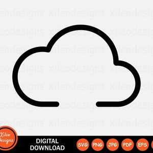 May include: Black and white outline of a cloud icon. This icon is commonly used to represent cloud storage, cloud computing, or weather.