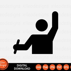 May include: Black and white silhouette of a person raising their right hand and holding a pen in their left hand.