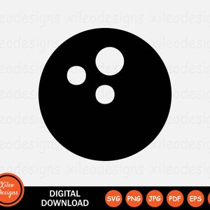 May include: Black and white illustration of a bowling ball with three white circles on the surface.