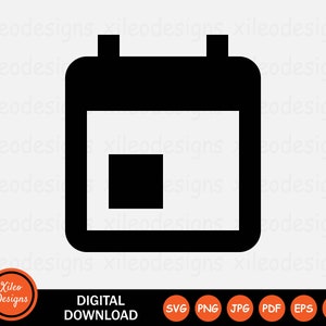 May include: Black and white calendar icon with a square in the center. The icon is a digital download and available in SVG, PNG, JPG, PDF, EPS, and AI formats.